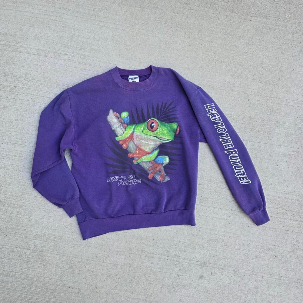 Vintage Crewneck Frog Leap in to the Future Sweatshirt Purple Size Large Nature